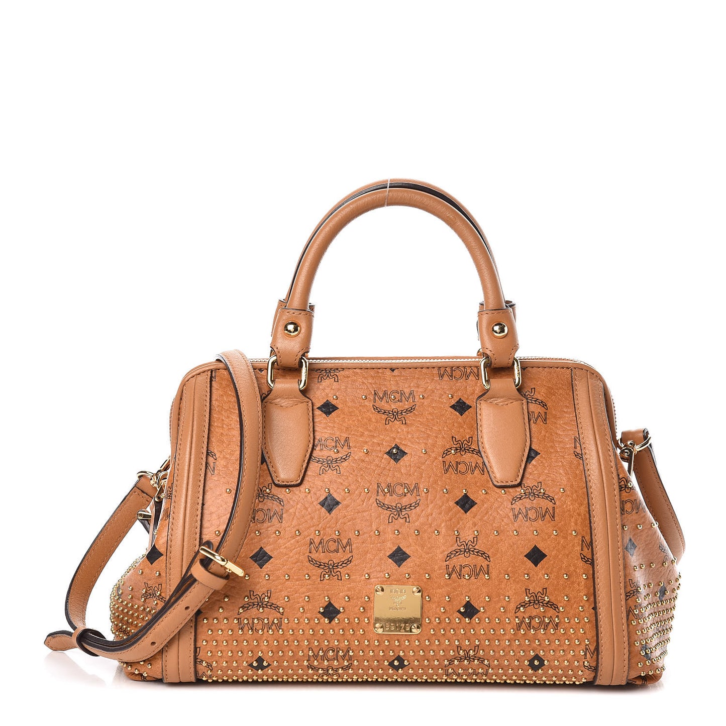 Visetos Studded Boston Satchel Cognac