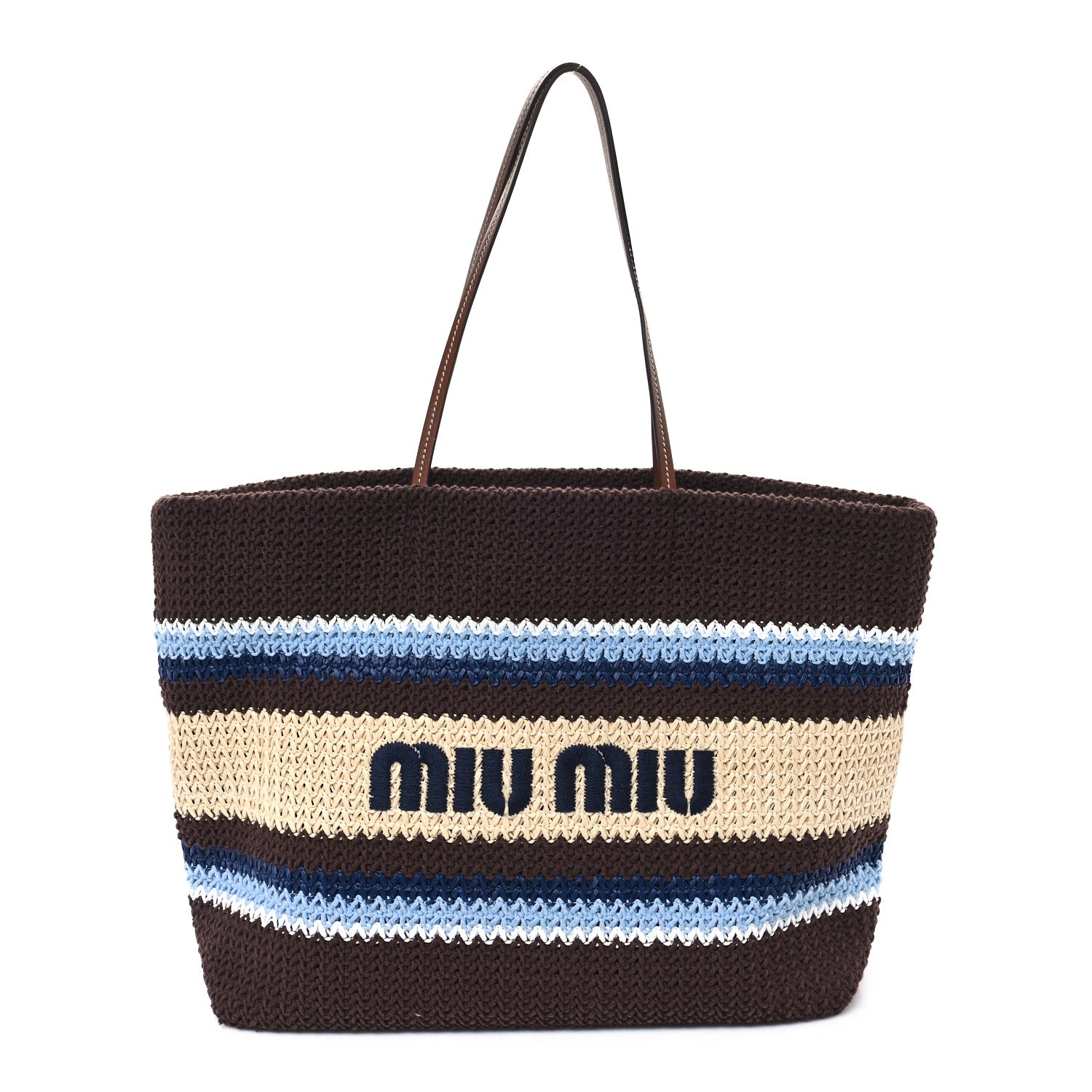 Miu Miu Raffia Effect Crochet Large Woven Tote Cocoa Brown Celeste Natural 1 of 9