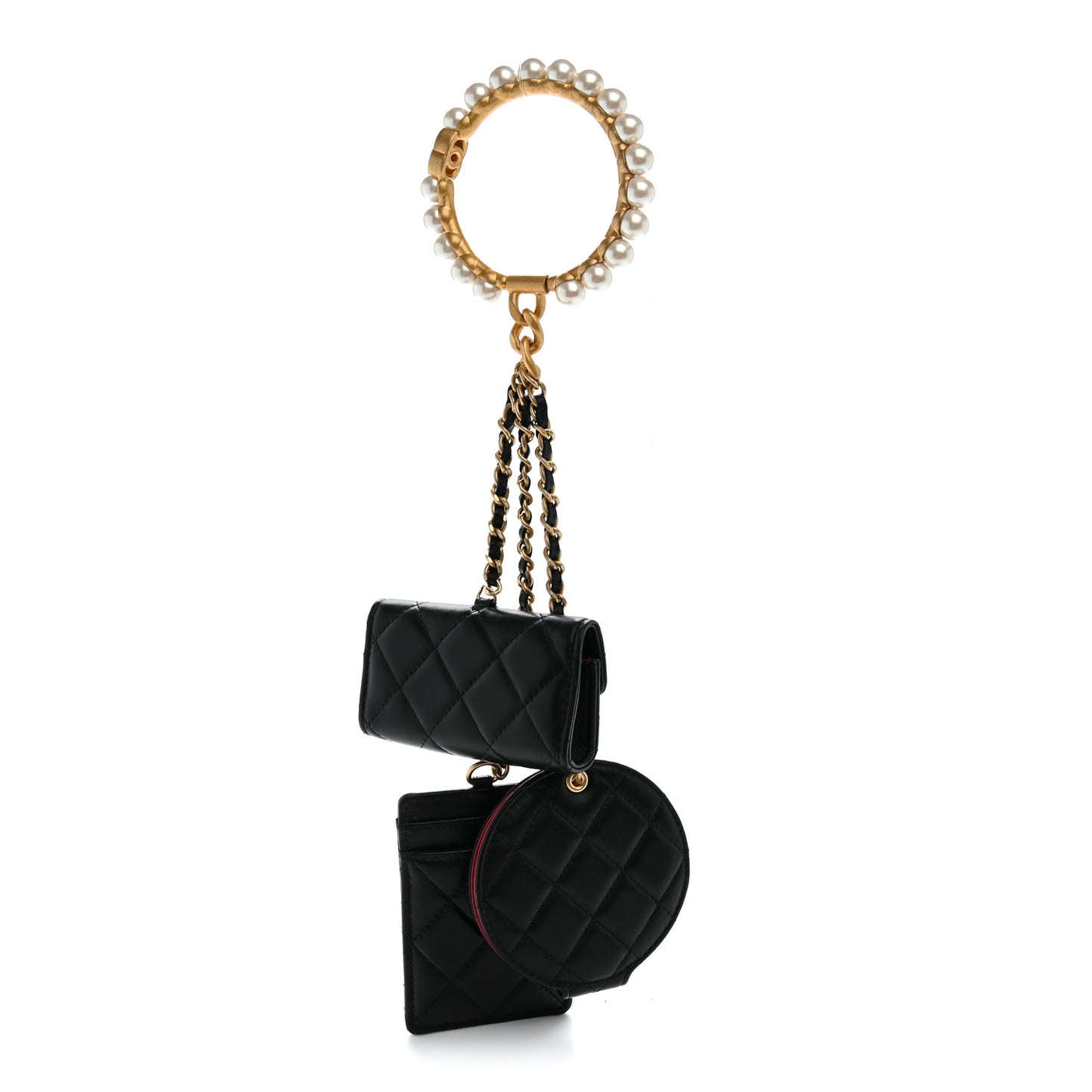 Pearl Lambskin Pearl Crown CC Wristlet Multi Pouches Black