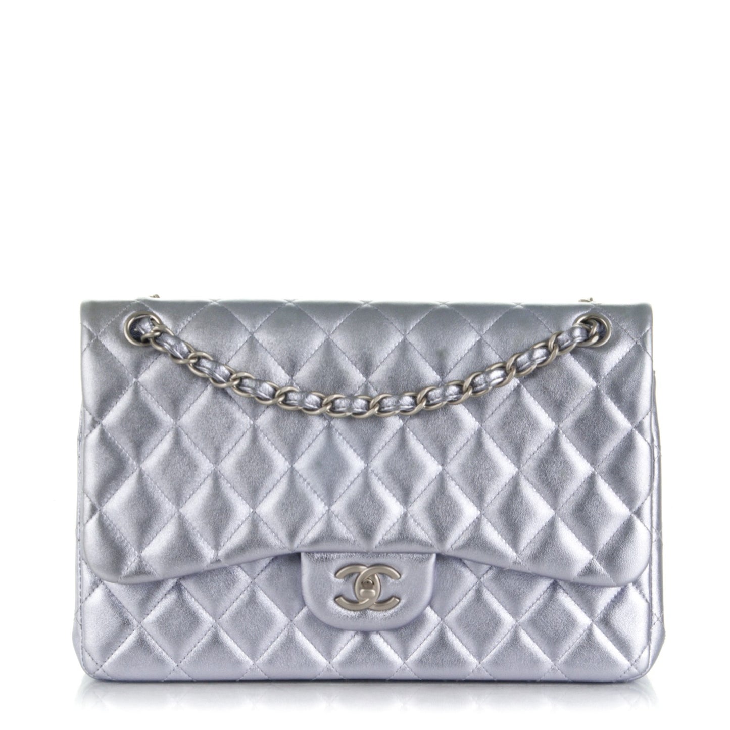Metallic Lambskin Quilted Jumbo Double Flap Light Purple