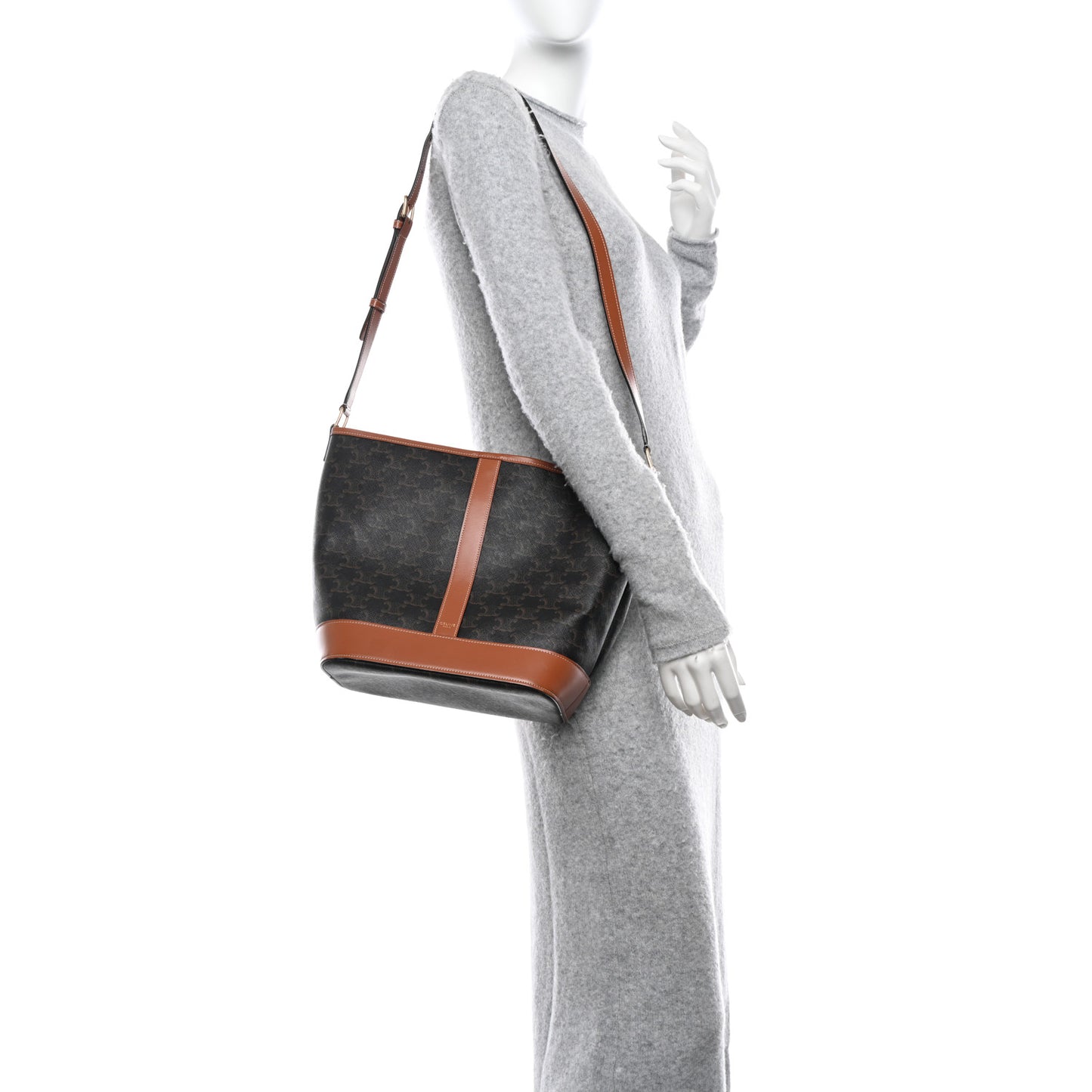Triomphe Canvas Calfskin Medium Bucket Bag Tan