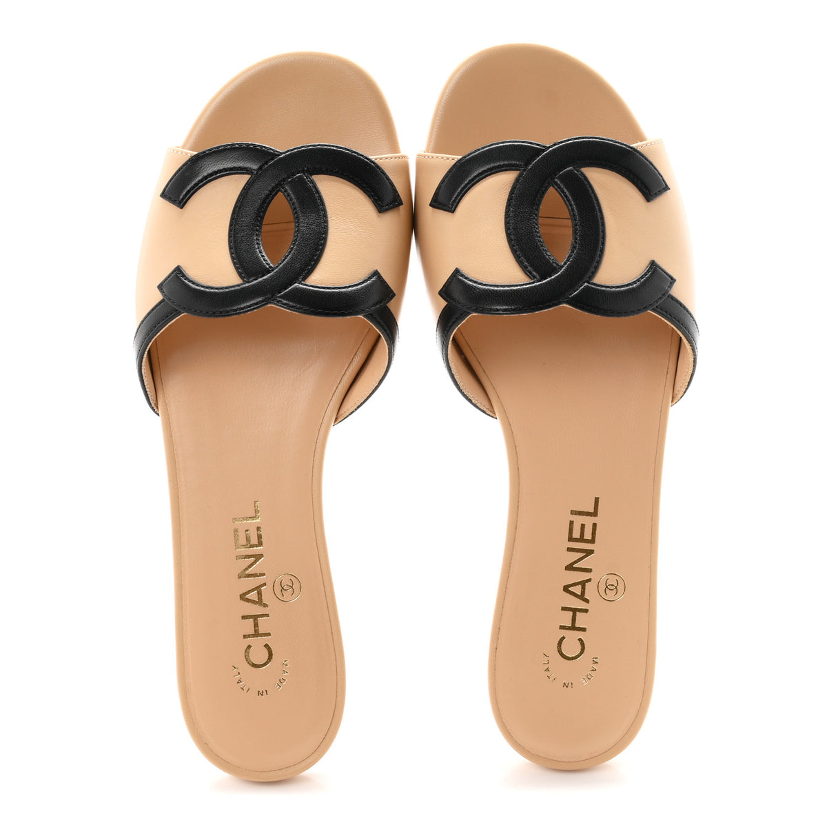 Lambskin CC Cutout Sandal Mules 37.5 Beige Black