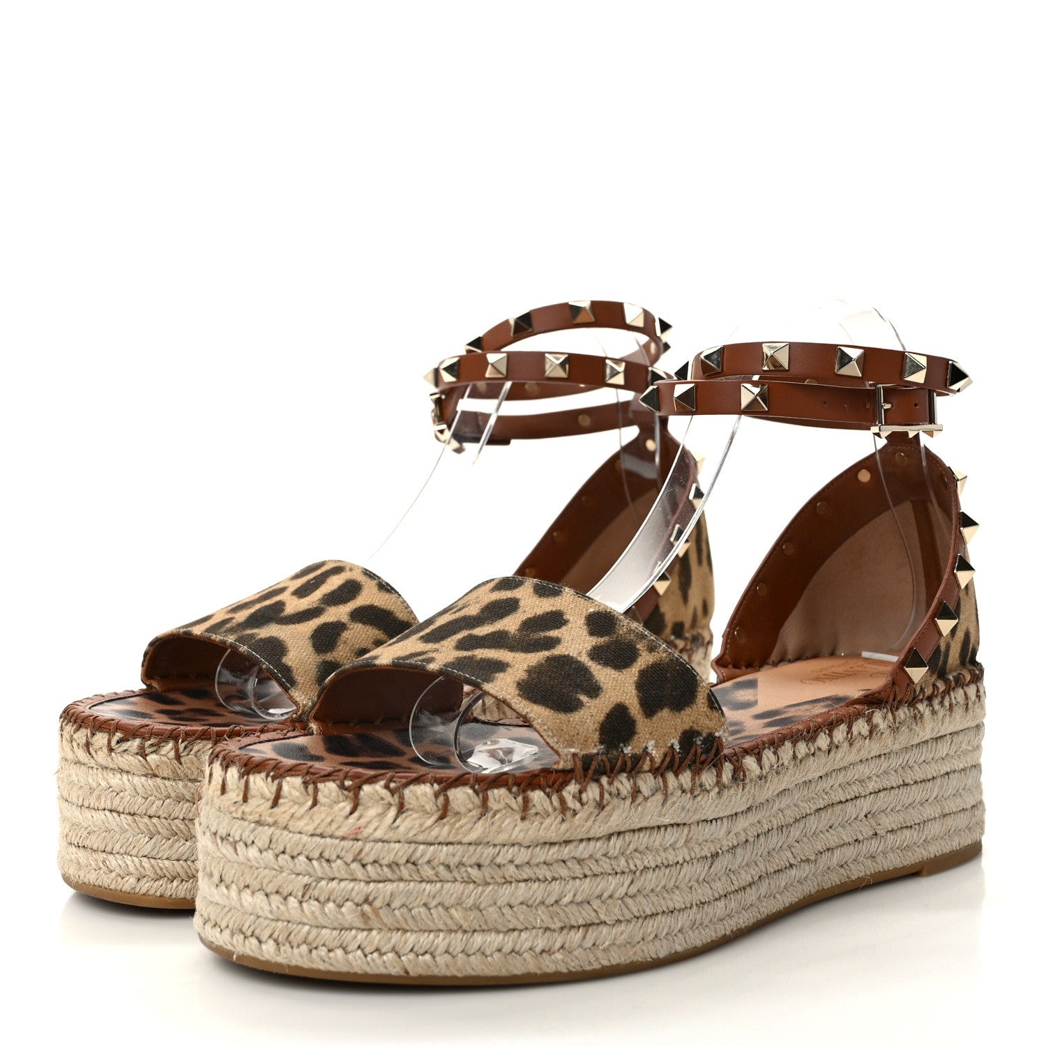 Valentino Garavani Canvas Leopard Print Rockstud Ankle Wrap Espadrille Flatform Sandals 40 Brown 3 of 8