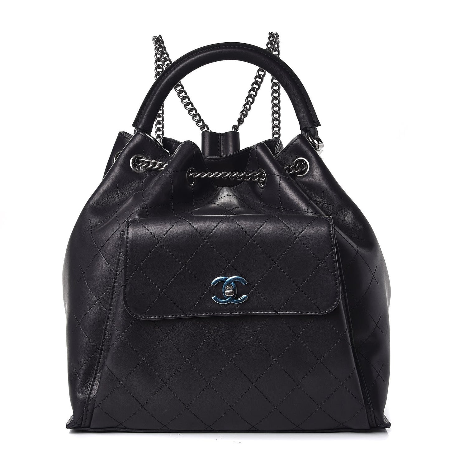 Calfskin Stitched Large Urban Luxury Drawstring Backpack Black
