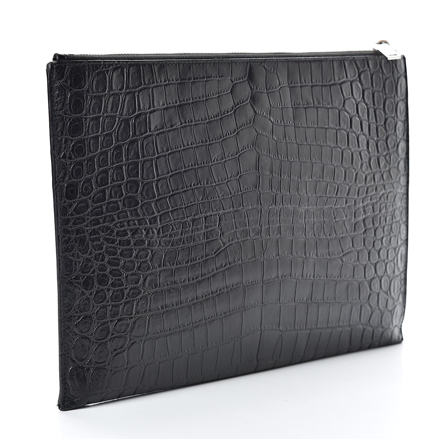 Saint Laurent Calfskin Crocodile Embossed Sac De Jour Carryall Pouch Black 3 of 12