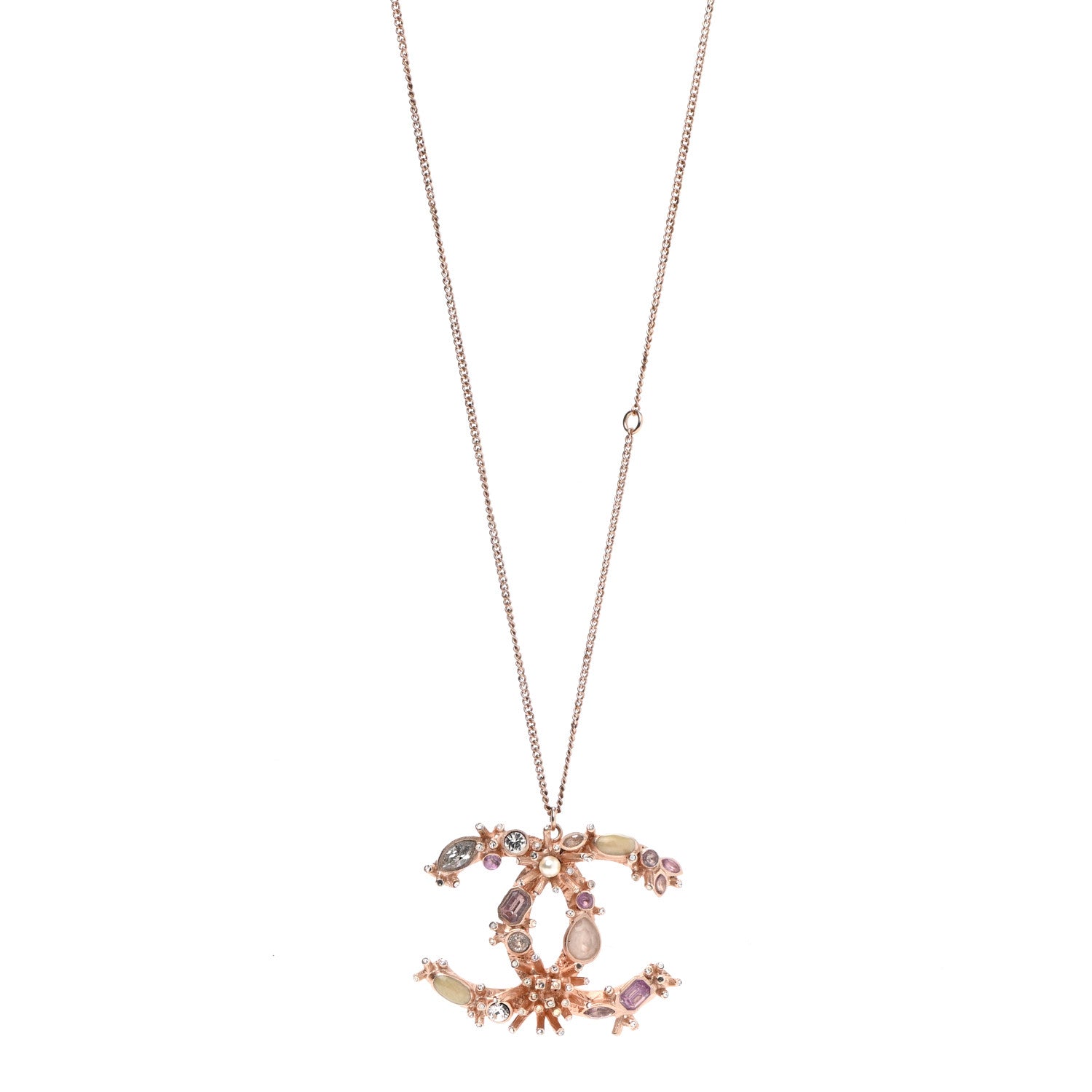 Chanel Resin Crystal CC Marquise Drop Necklace Rose Gold Violet 1 of 7