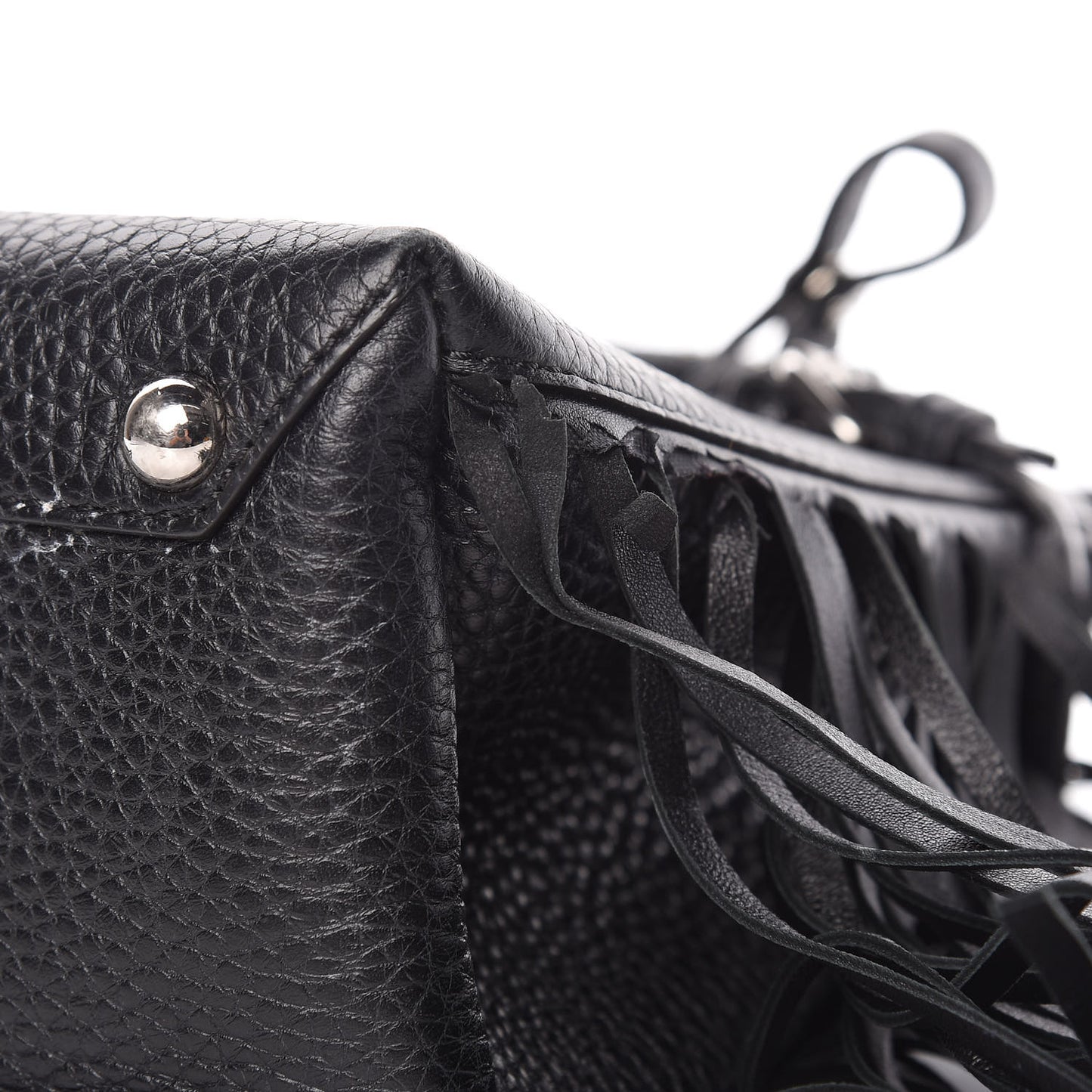 Grainy Calfskin Studded Fringe Baby Banner Tote Black