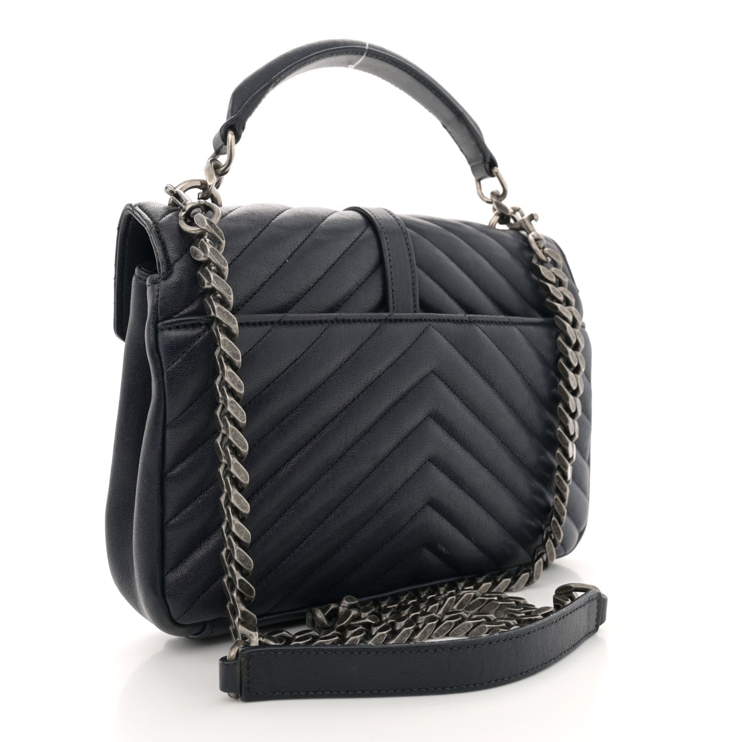 Saint Laurent Sheepskin Matelasse Chevron Monogram Medium College Bag Deep Marine 3 of 15