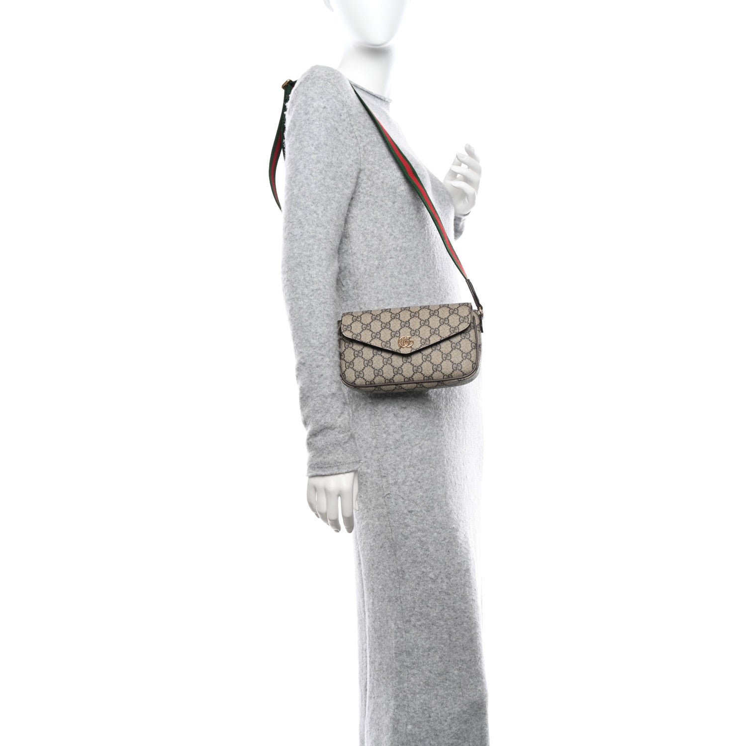 Gucci GG Supreme Monogram Textured Dollar Calfskin Web Mini Ophidia Envelope Shoulder Bag Beige Ebony New Acero 2 of 11