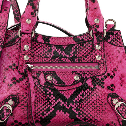 Balenciaga Calfskin Python Effect Neo Classic Silver Hardware Mini City Fuchsia Black 9 of 11