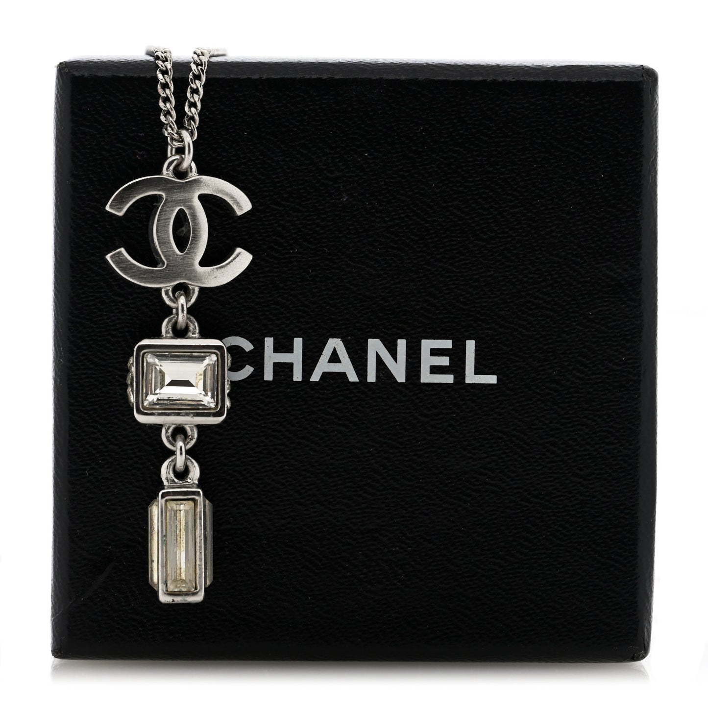 Crystal Baguette CC Drop Pendant Necklace Silver