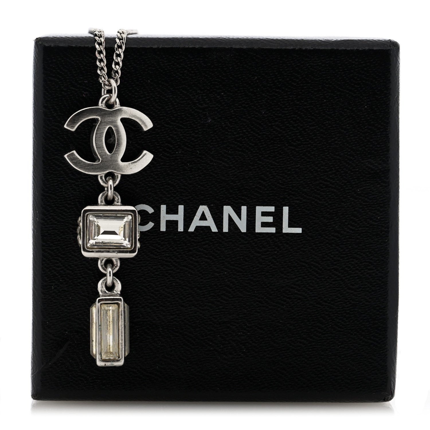 Chanel Crystal Baguette CC Drop Pendant Necklace Silver 5 of 5