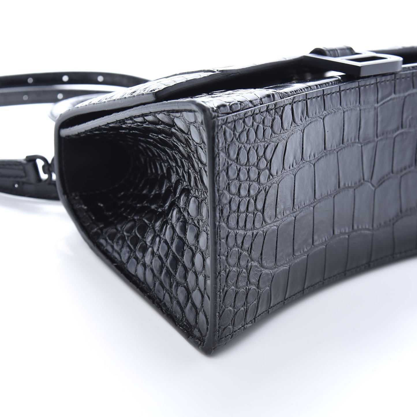 Shiny Calfskin Monochrome Crocodile Embossed Small Hourglass Top Handle Bag Black