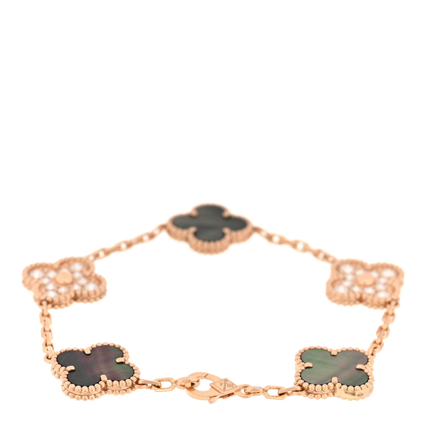 18K Rose Gold Diamond Gray Mother of Pearl 5 Motifs Vintage Alhambra Bracelet