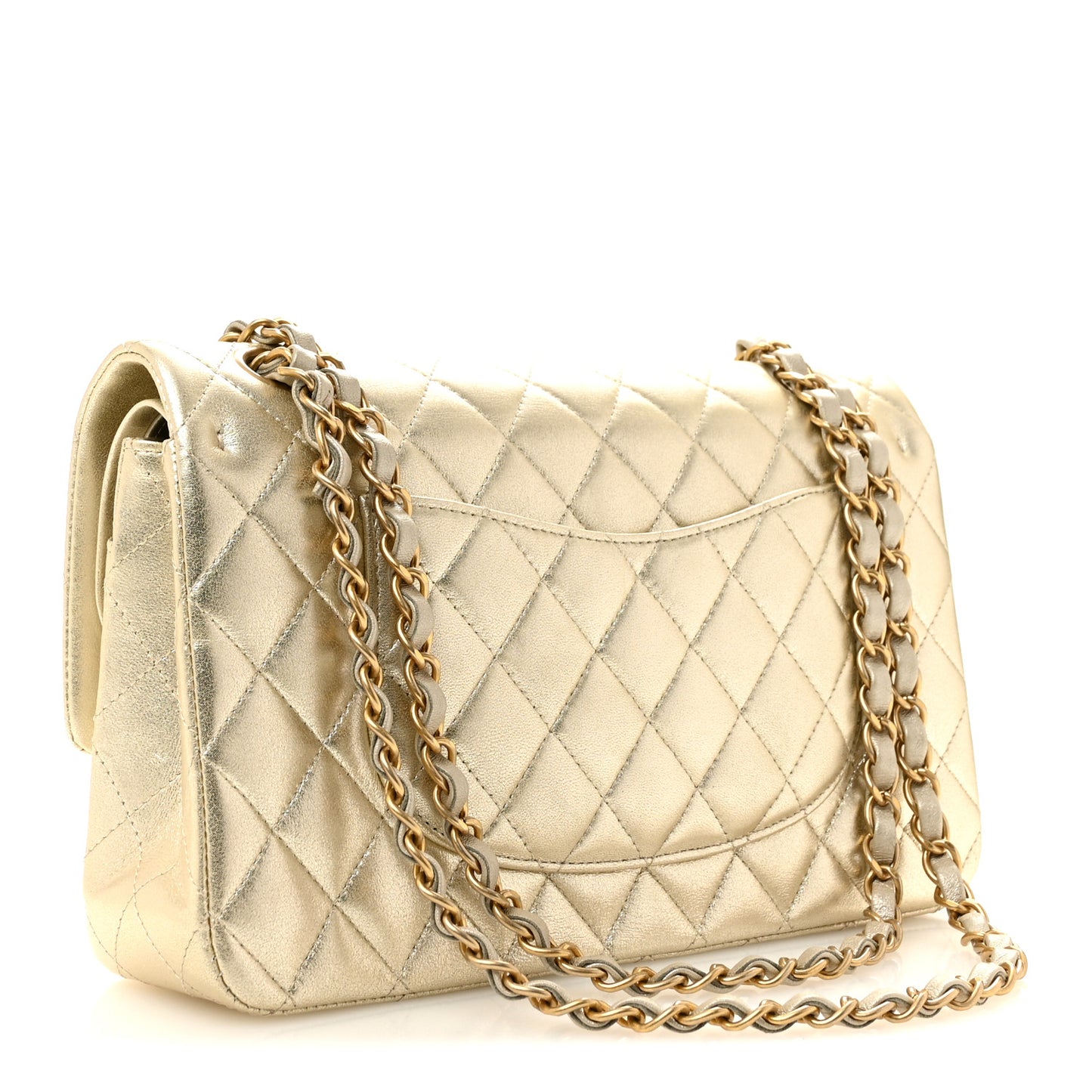 Metallic Lambskin Quilted Medium Double Flap Gold