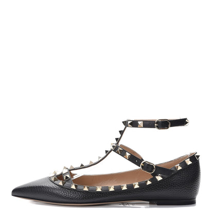 Valentino Garavani Pebbled Calfskin Rockstud Cage Ballerina Flats 37.5 Black 1 of 8
