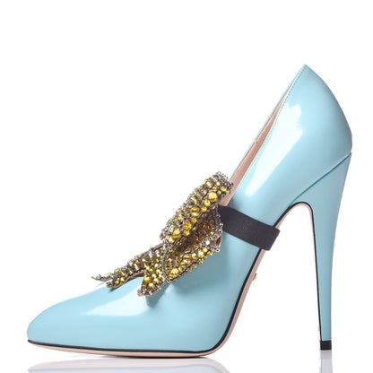 Gucci Regent Calfskin Crystal Removable Bow Elaisa Platform High Heel Pumps 37.5 New Aquamarine 1 of 9