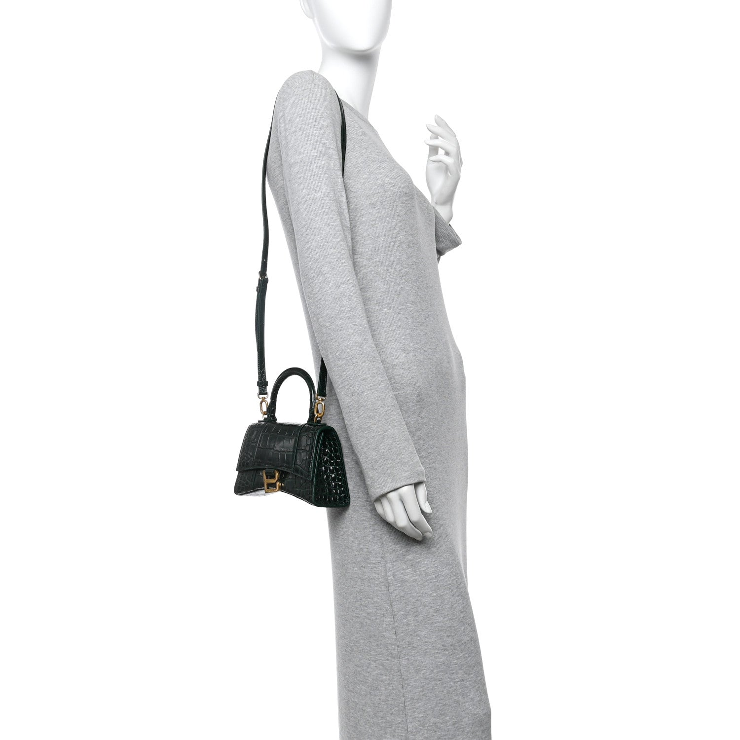 Balenciaga Shiny Calfskin Crocodile Embossed Hourglass Top Handle Bag XS Forest Green 2 of 10