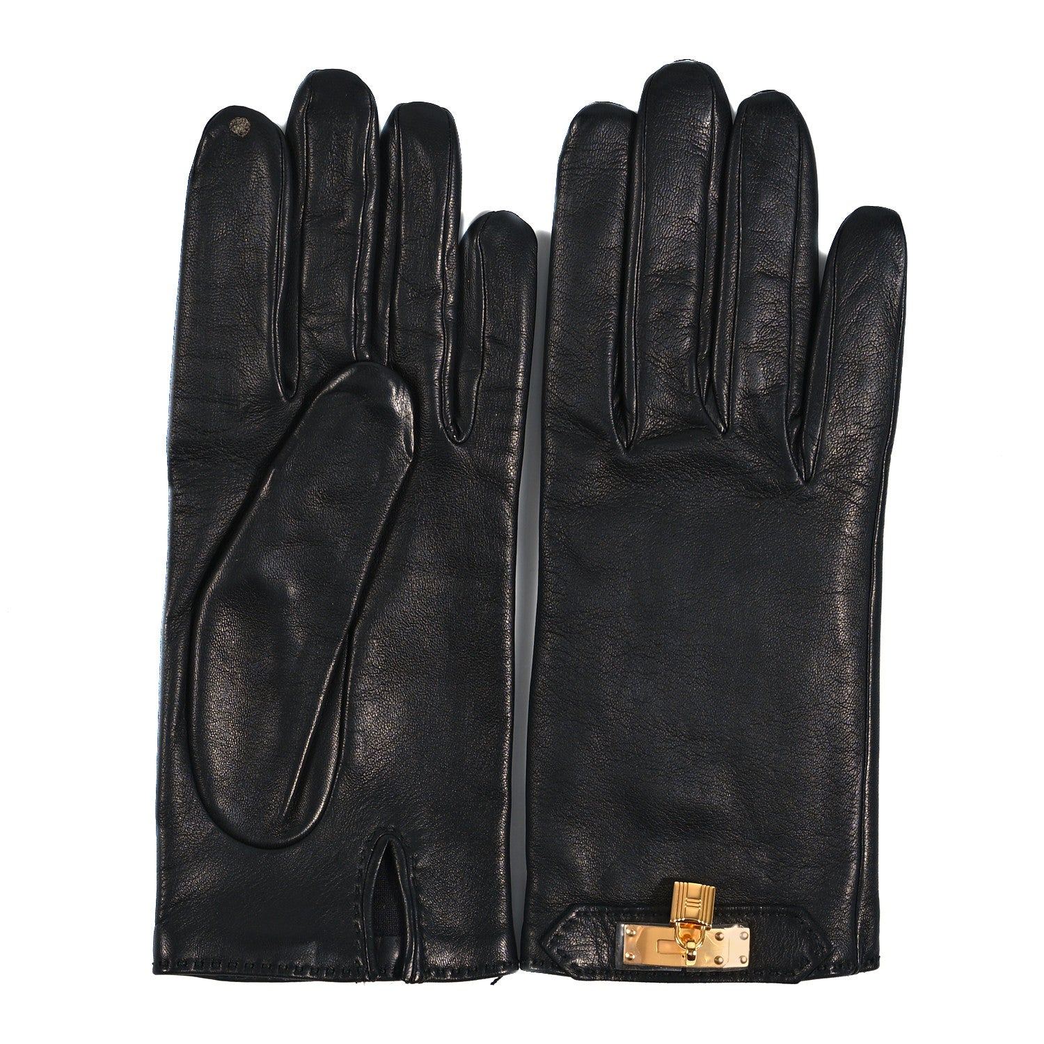 Hermes Lambskin Soya Kelly Lock Gloves 8 Black 2 of 4