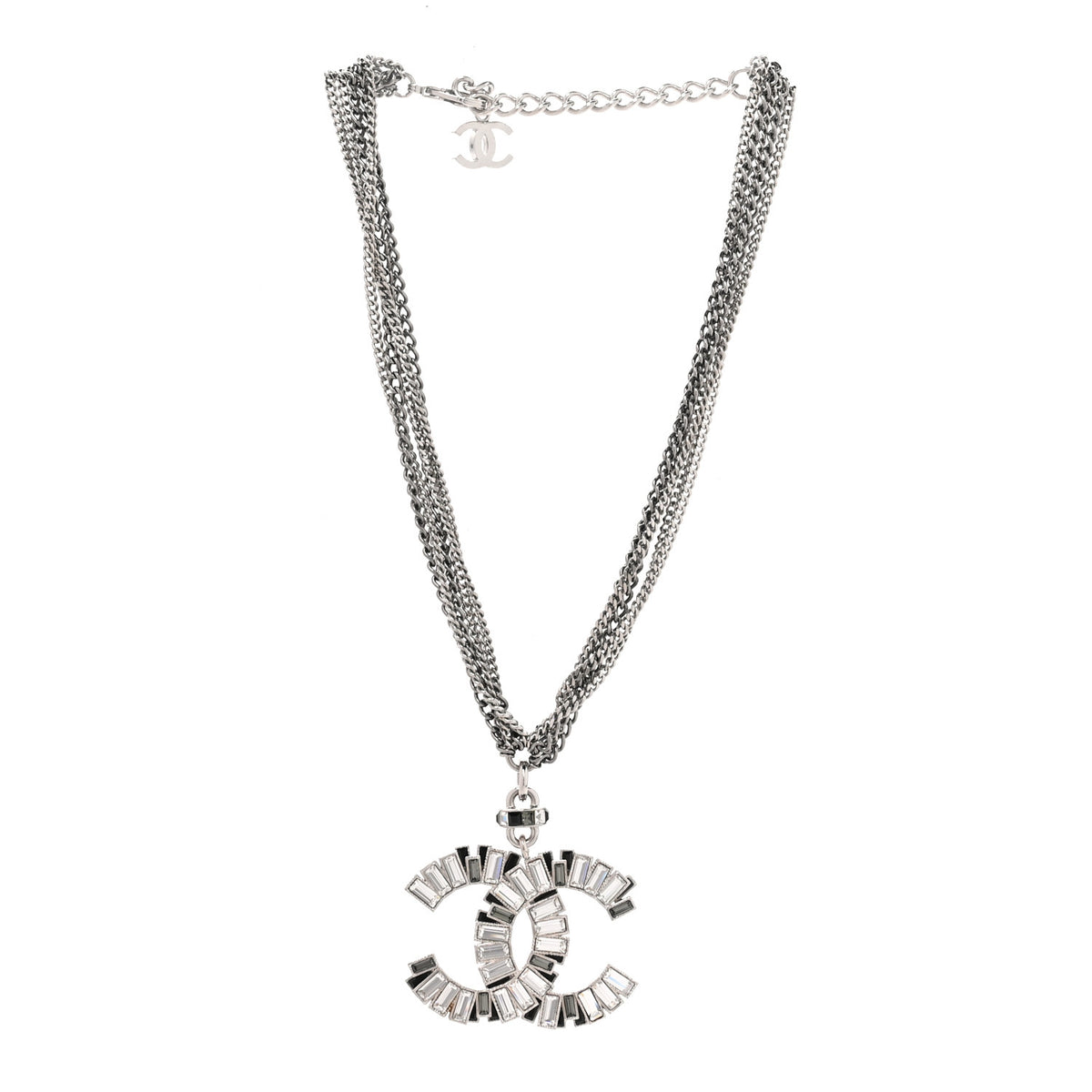 Chanel Baguette Crystal CC Multi Strand Pendant Necklace Silver 3 of 4