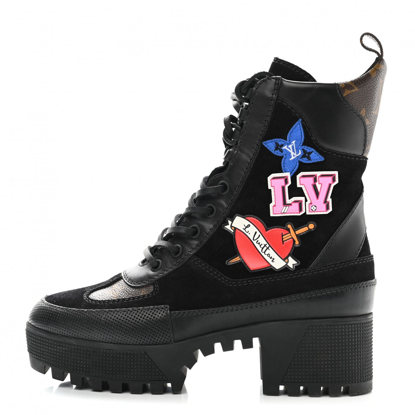Suede Calfskin Monogram LV Black Heart Laureate Platform Desert Boots 36 Black