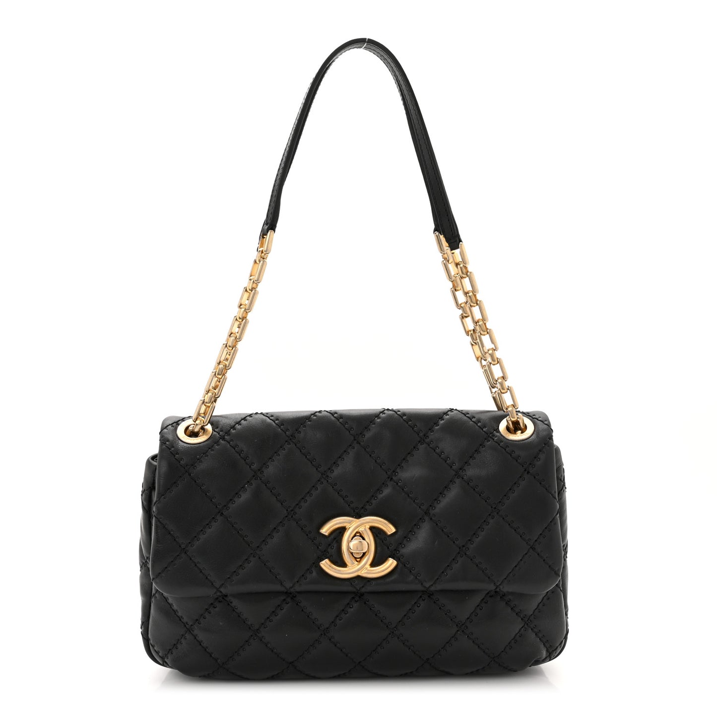 Calfskin Quilted Retro Chain Flap Black
