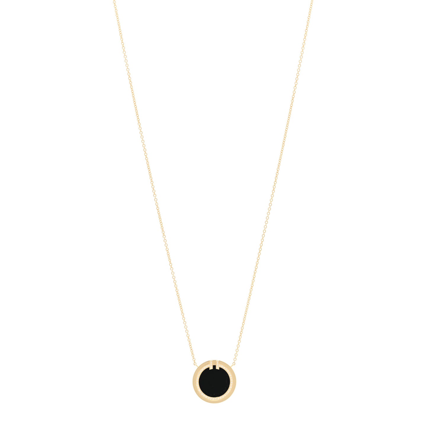 18K Yellow Gold Diamond Black Onyx 16mm T Circle Pendant Necklace