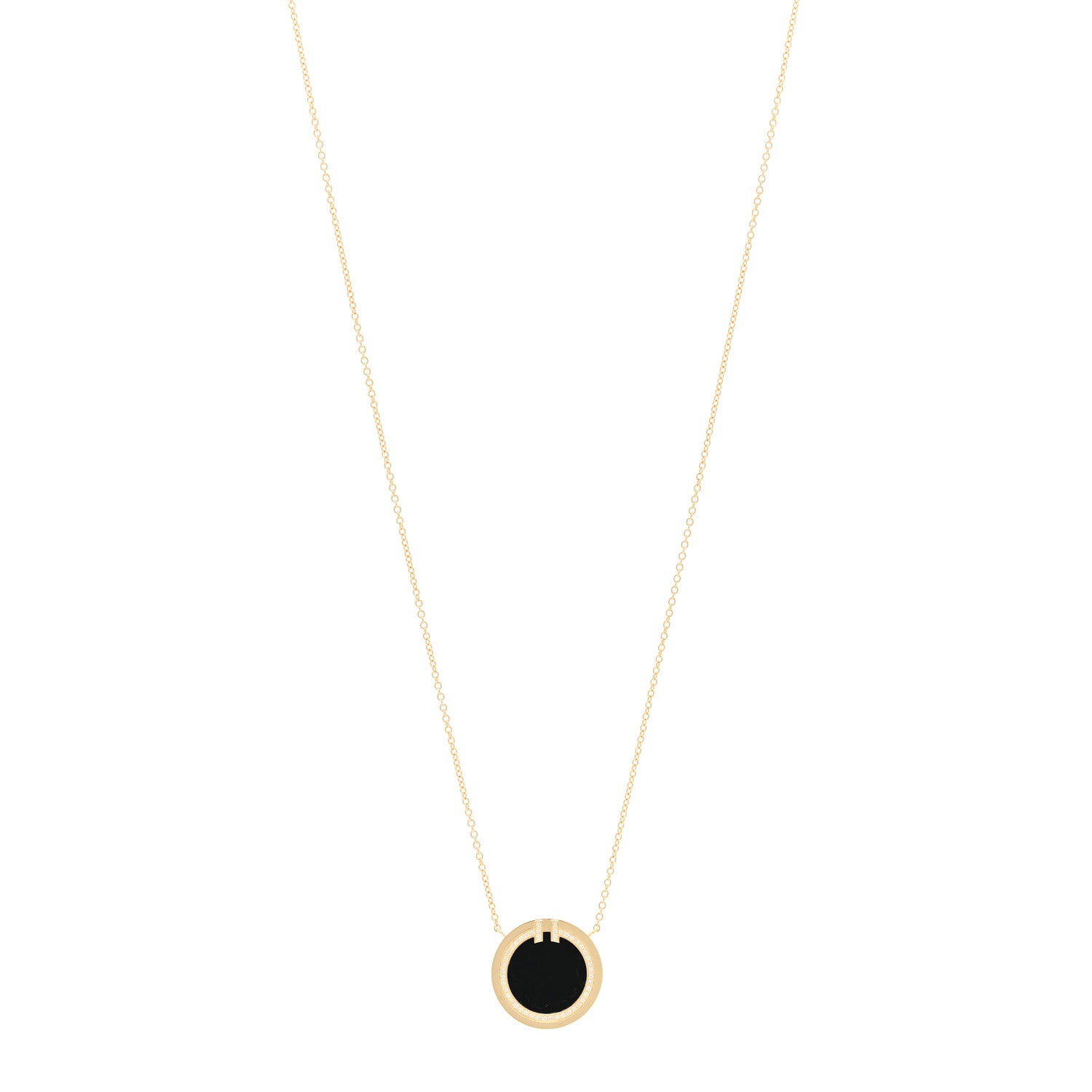 Tiffany 18K Yellow Gold Diamond Black Onyx 16mm T Circle Pendant Necklace 1 of 5