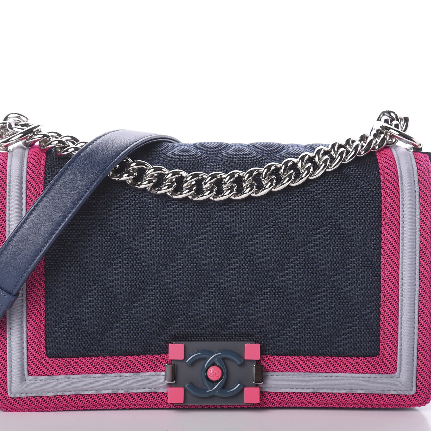 Chanel Canvas Quilted Medium Fluo Boy Flap Dark Navy Fuchsia Grey 8 of 10
