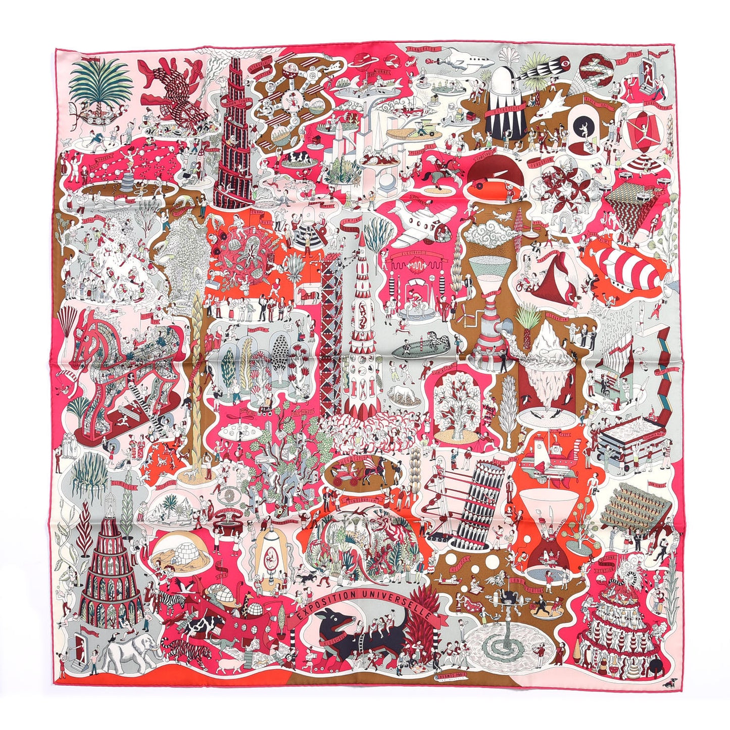 Silk Exposition Universell Scarf 90 Rose Vif Vert Rouge