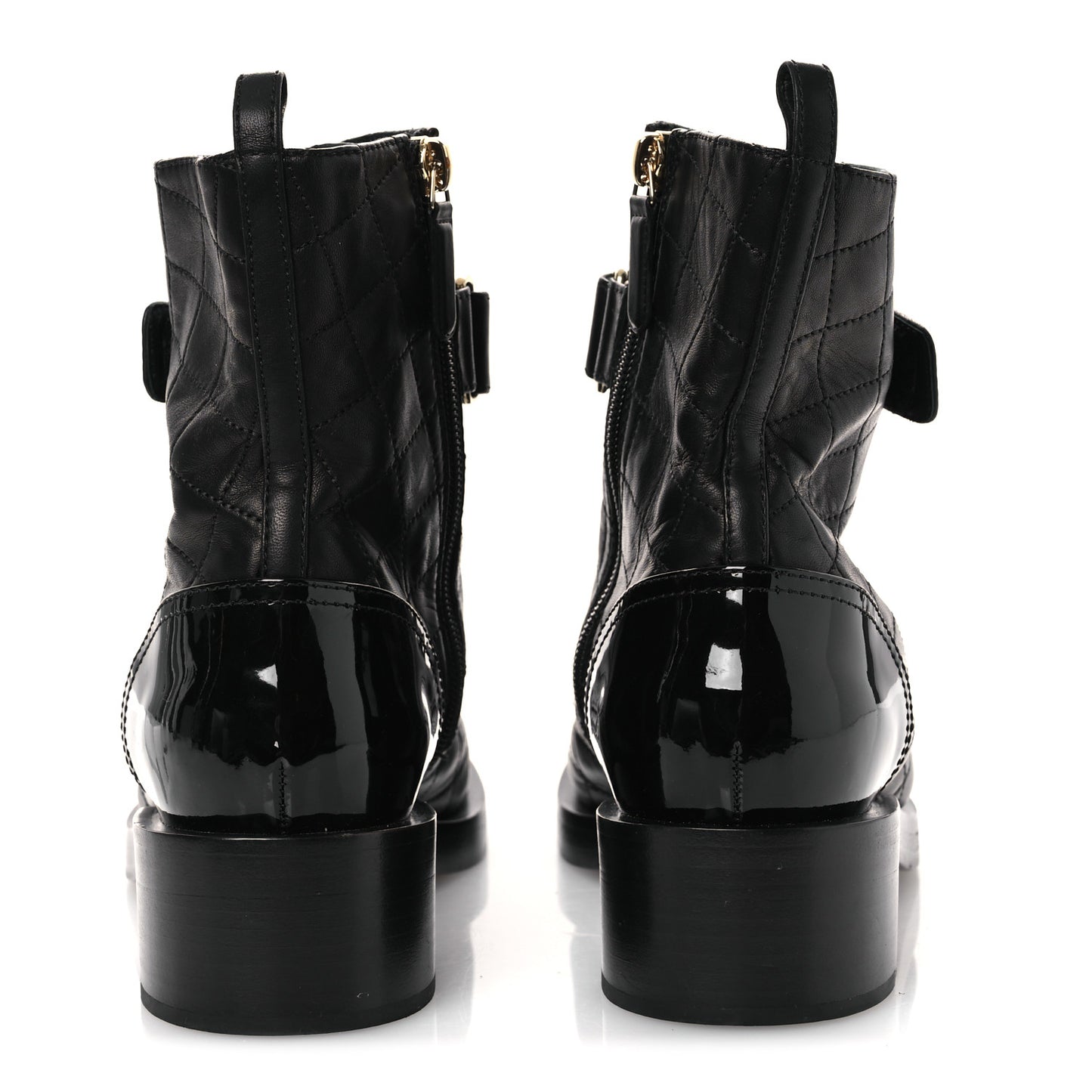 Lambskin Patent Calfskin Quilted Logo Lace Up Combat Boots 38 Black