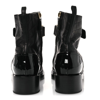 Chanel Lambskin Patent Calfskin Quilted Logo Lace Up Combat Boots 38 Black 6 of 11
