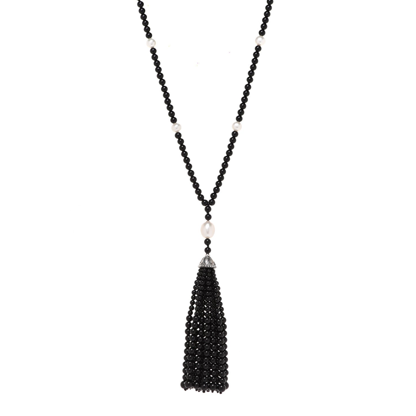 Sterling Silver Black Onyx Freshwater Pearl Ziegfeld Tassel Necklace