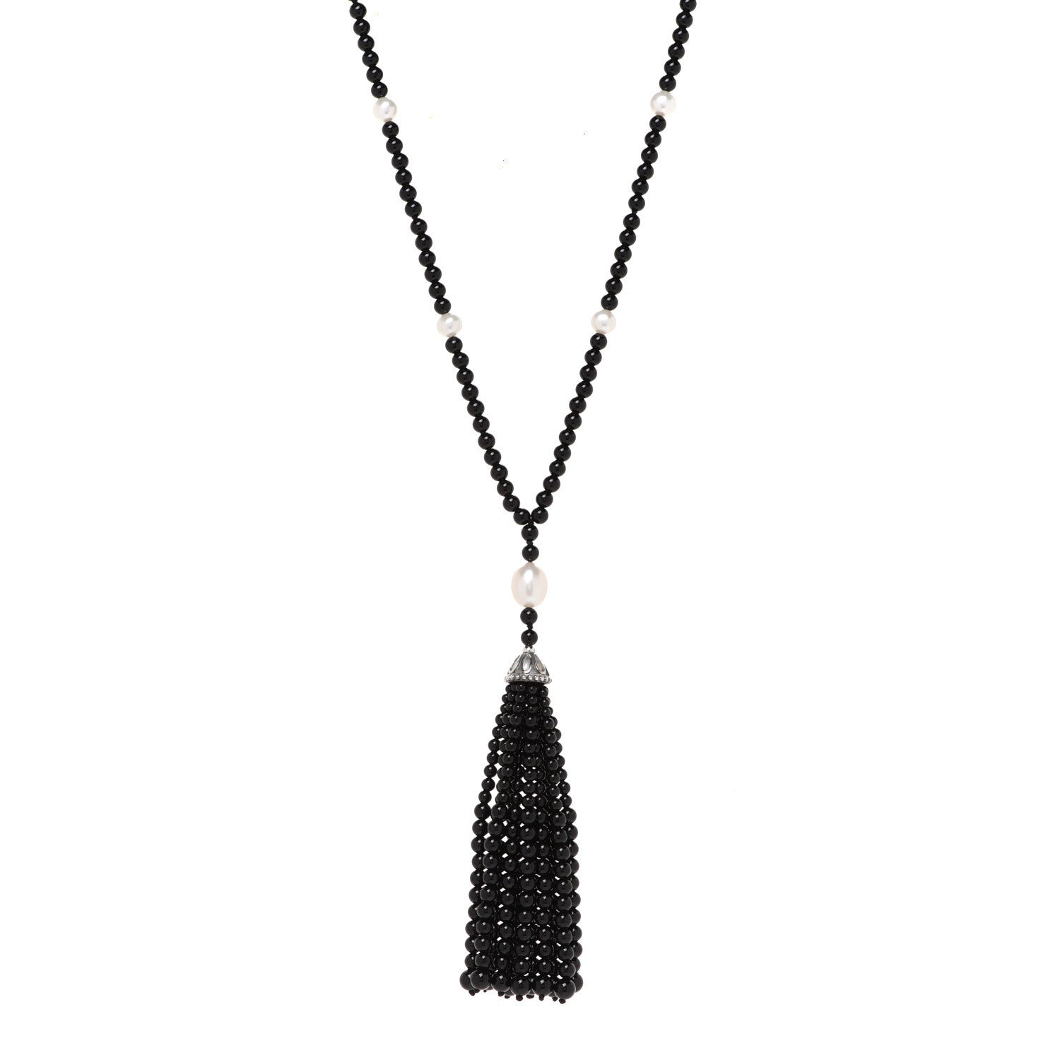 Tiffany Sterling Silver Black Onyx Freshwater Pearl Ziegfeld Tassel Necklace 1 of 6