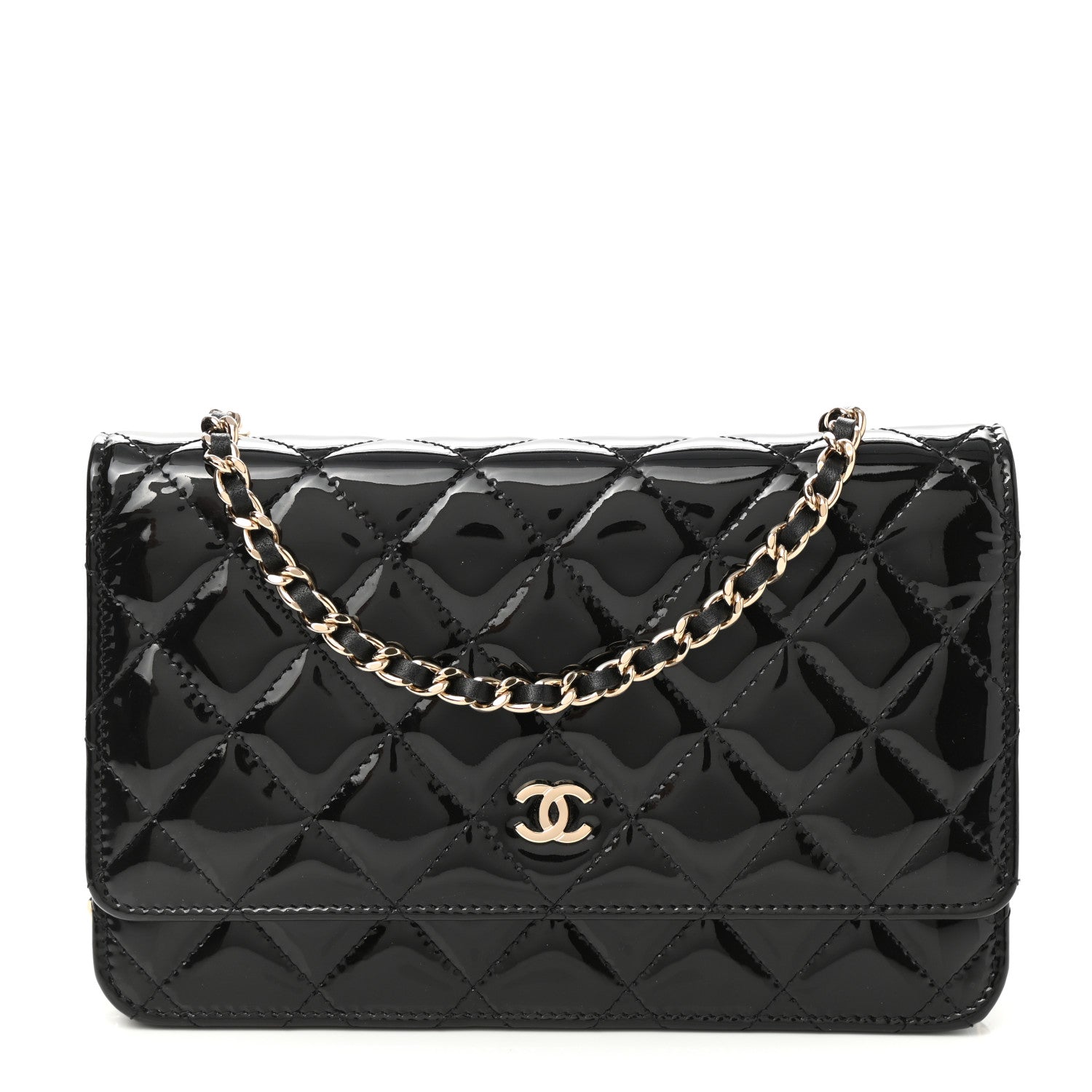 Chanel Patent Quilted Wallet On Chain WOC Black 1 of 12