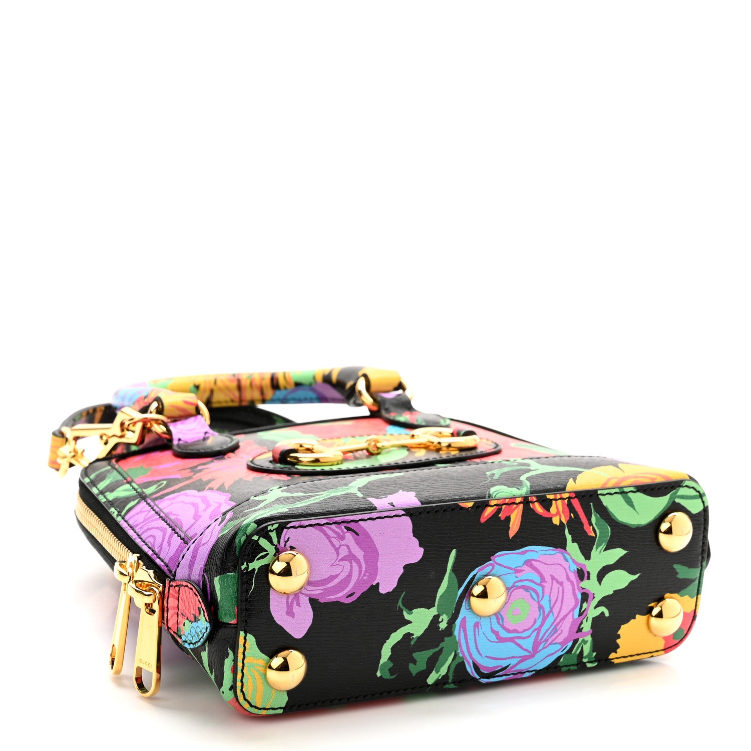 Gucci X KEN SCOTT New Shangai Calfskin Jenny Floral Print Mini Horsebit 1955 Top Handle Bag Black Pink 4 of 10