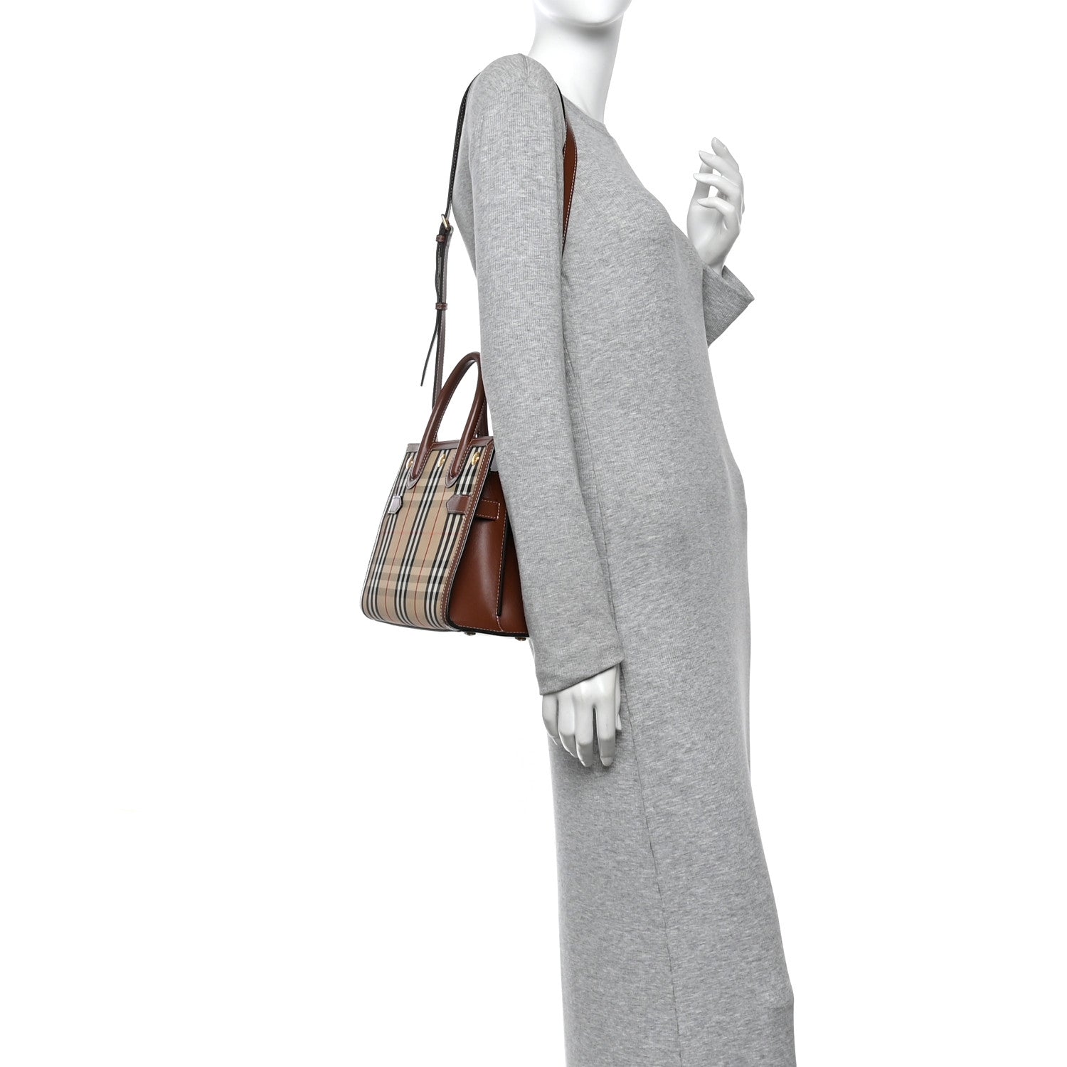 Burberry Calfskin Vintage Check Two Handle Title Bag Archive Beige 2 of 9
