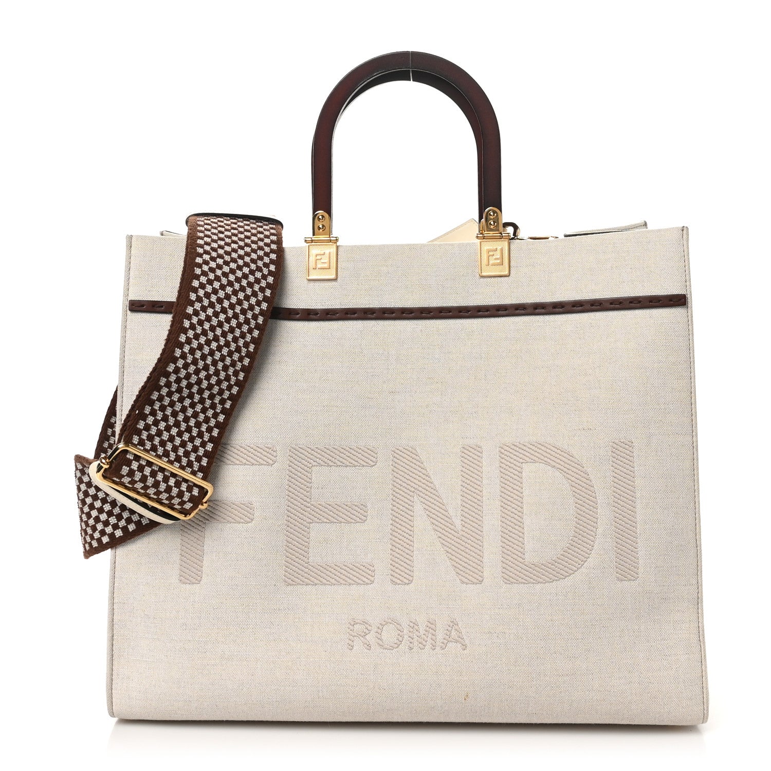 Fendi Canvas Vitello King Logo Embroidered Medium Fendi Sunshine Shopper Tote Grezzo Ghianda 1 of 9