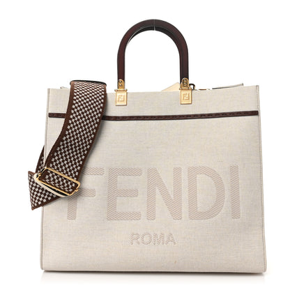 Fendi Canvas Vitello King Logo Embroidered Medium Fendi Sunshine Shopper Tote Grezzo Ghianda 1 of 9