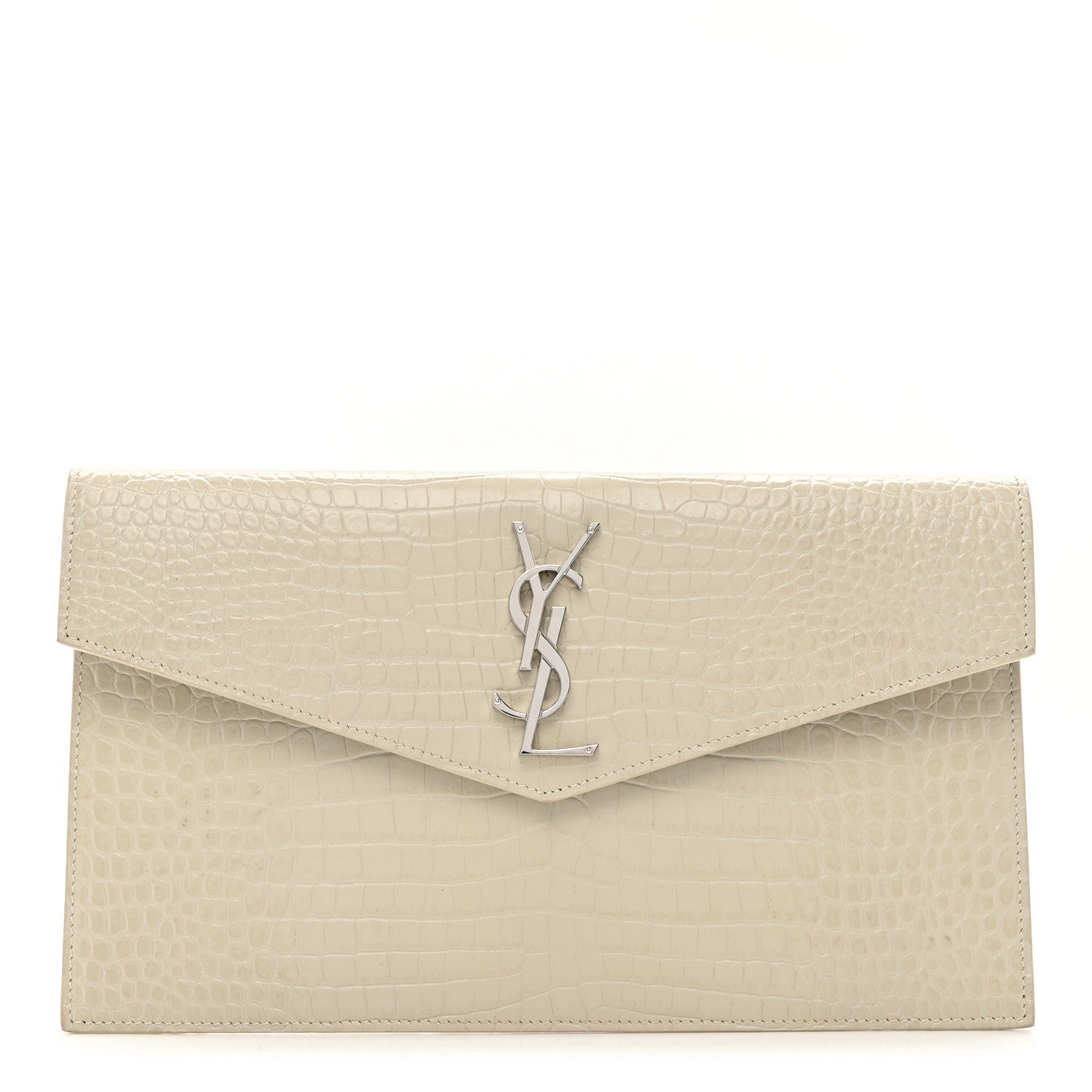 Saint Laurent Calfskin Crocodile Embossed Uptown Monogram Pouch Crema Soft 1 of 6