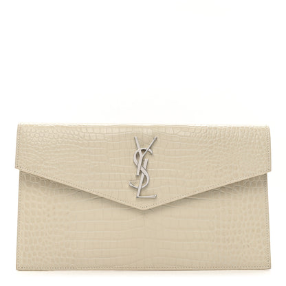 Saint Laurent Calfskin Crocodile Embossed Uptown Monogram Pouch Crema Soft 1 of 6