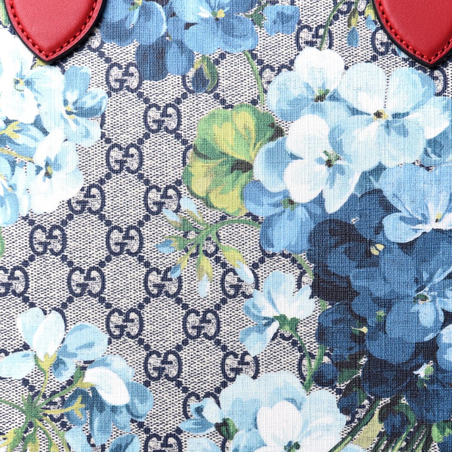 GG Supreme Monogram Blooms Medium Zippered Bucket Tote Beige Blue Navy Hibiscus Red