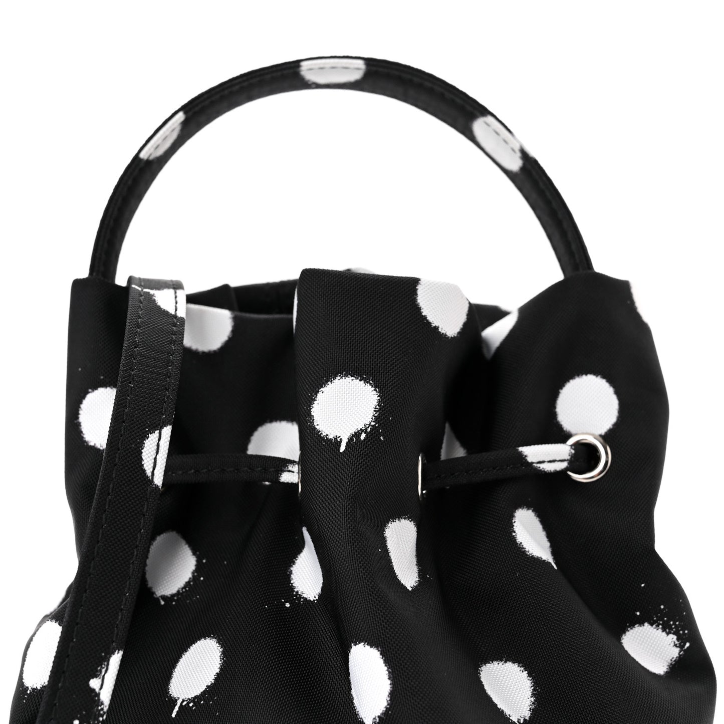 Recycled Sport Nylon Polka Dot Logo Embroidered Wheel Drawstring Bucket Bag Black White