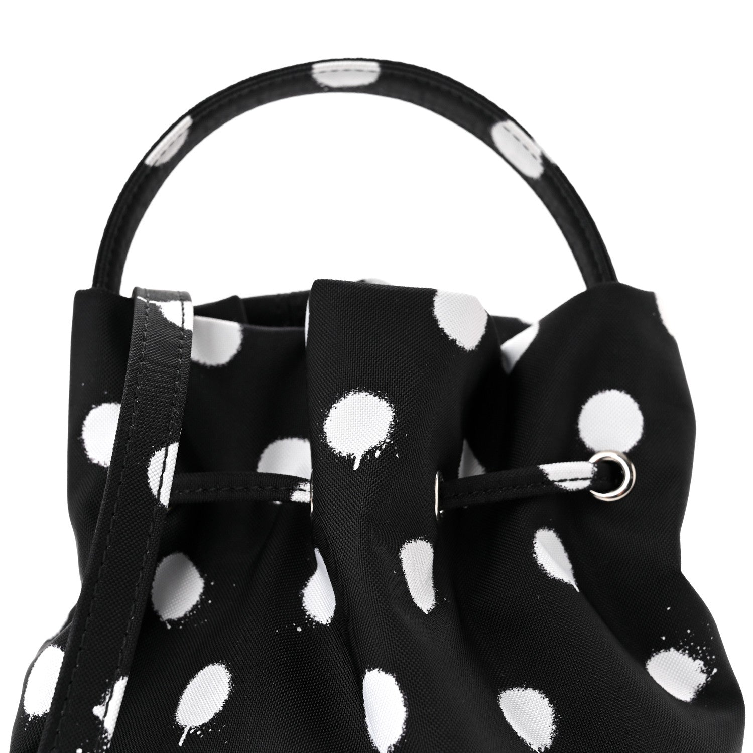 Balenciaga Recycled Sport Nylon Polka Dot Logo Embroidered Wheel Drawstring Bucket Bag Black White 8 of 10