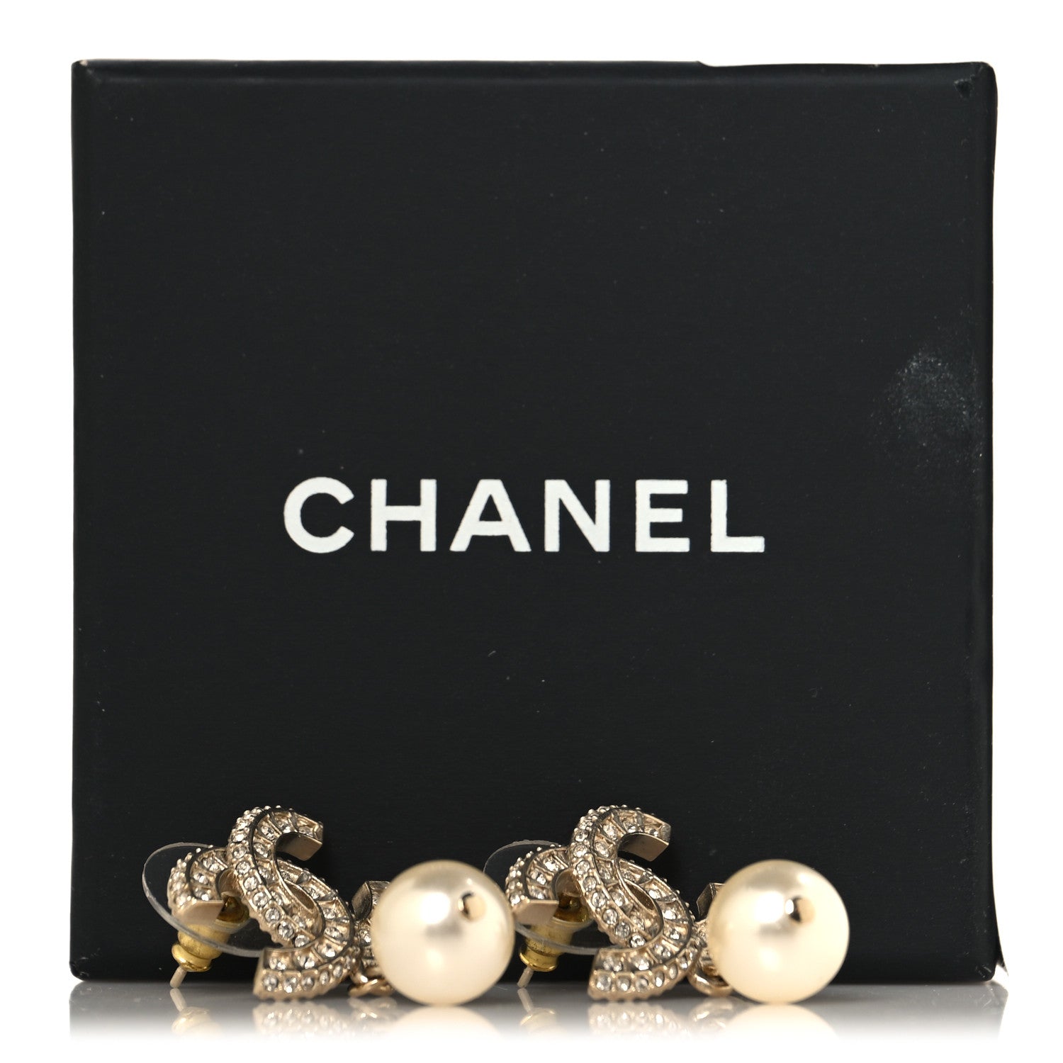Chanel Crystal Timeless CC Pearl Drop Earrings Light Gold 5 of 5