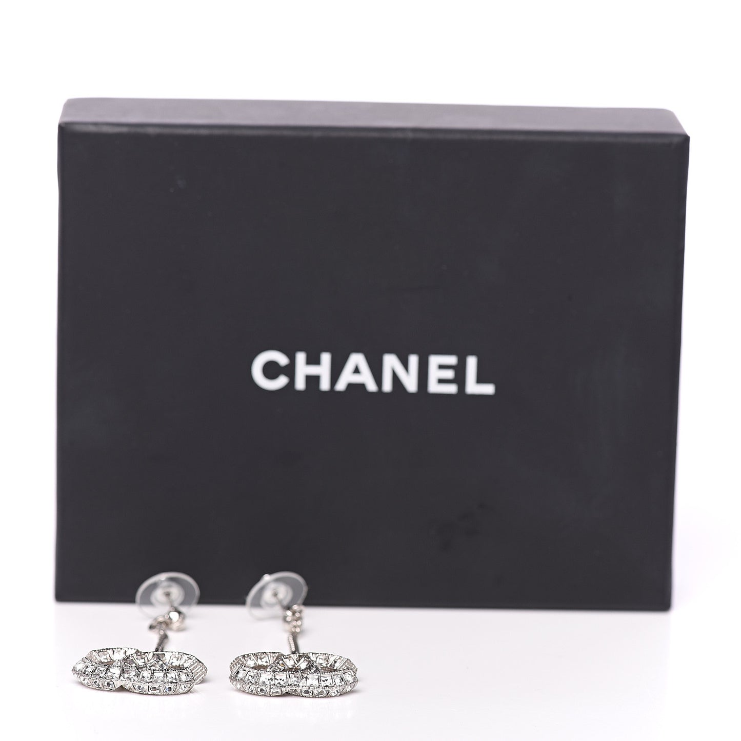 Baguette Crystal CC Drop Earrings Silver