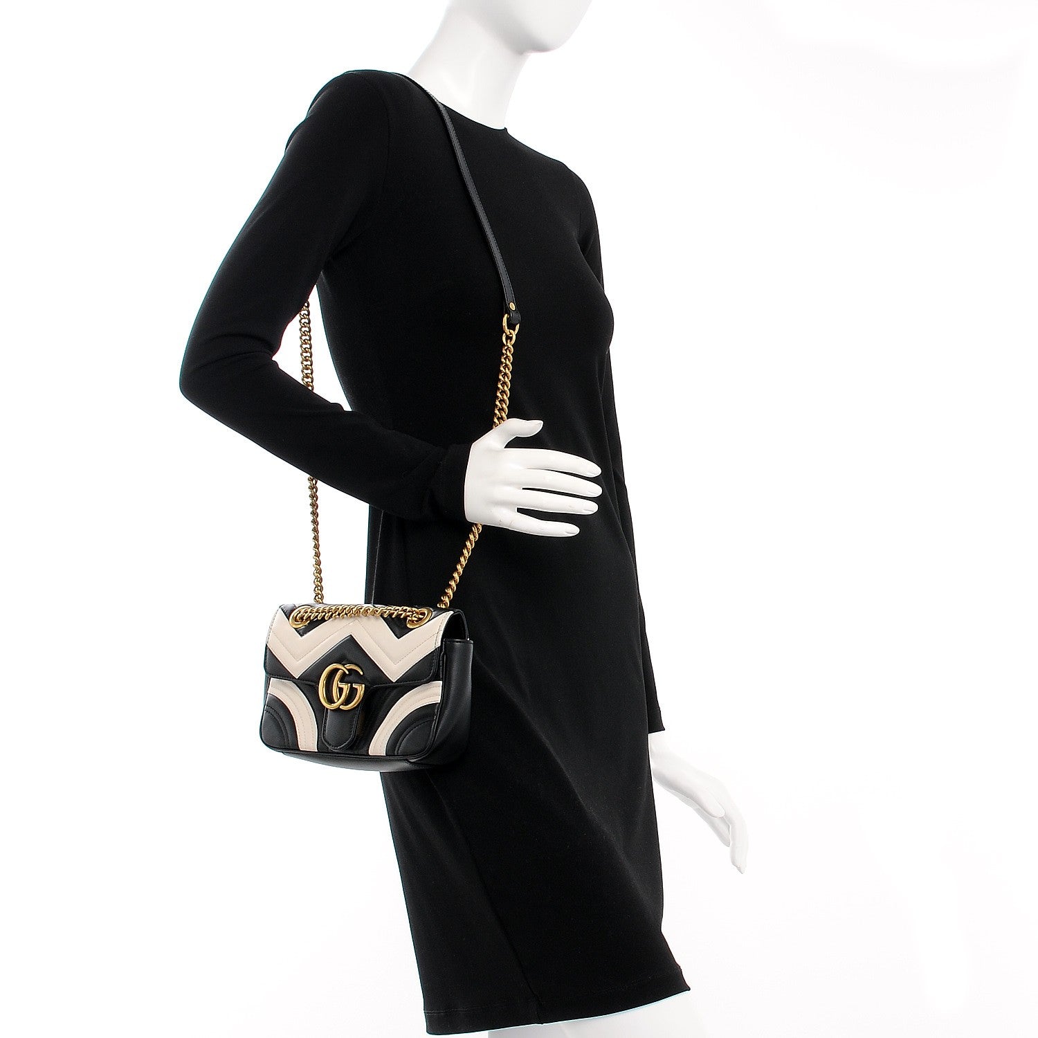 Gucci Calfskin Matelasse Mini GG Marmont Shoulder Bag Black White 2 of 7