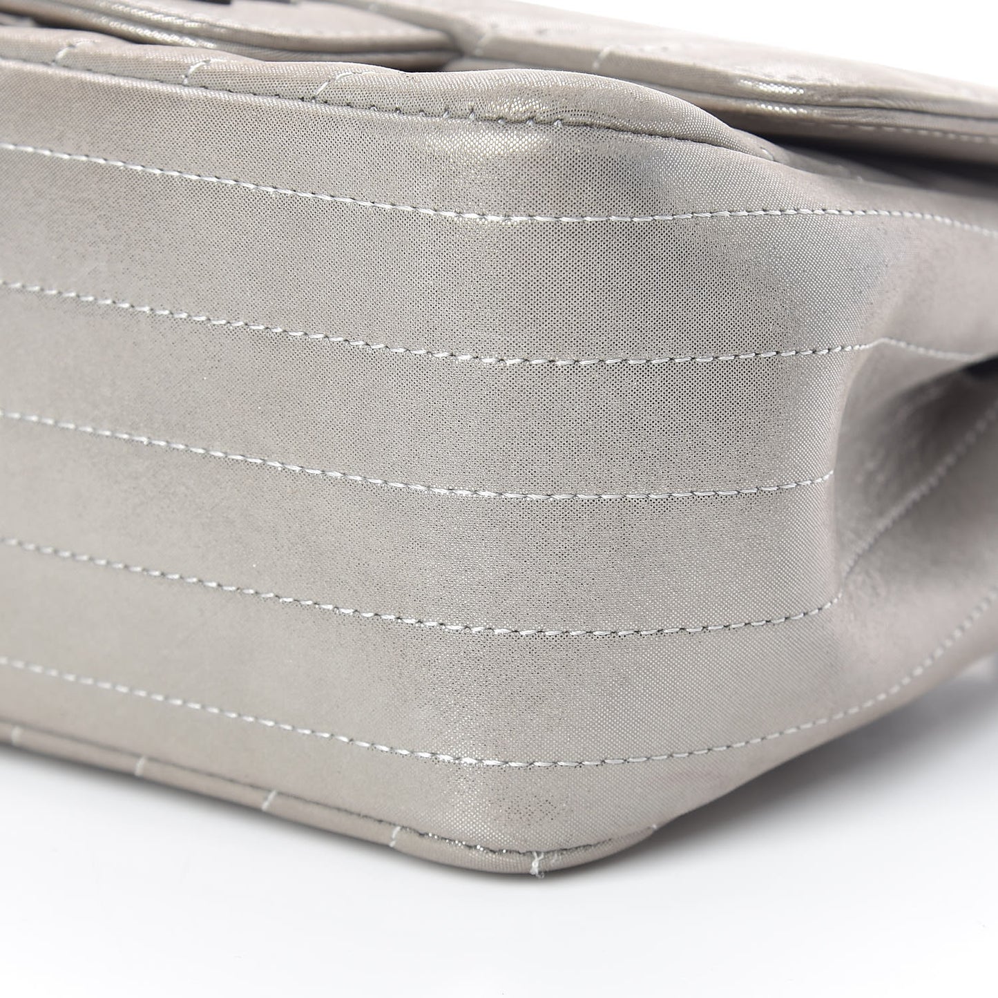 Iridescent Calfskin Chevron Quilted Mini Square Flap Silver