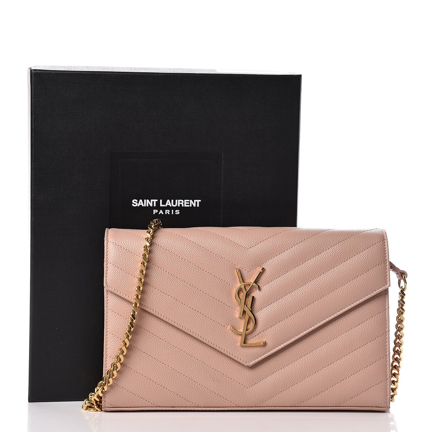 Saint Laurent Grain De Poudre Matelasse Chevron Monogram Chain Wallet Pale Blush 12 of 12