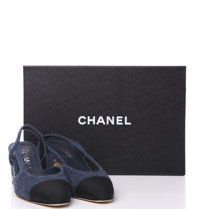Chanel Tweed Grosgrain Cap Toe CC Slingback Pumps 35 Blue Black 8 of 8